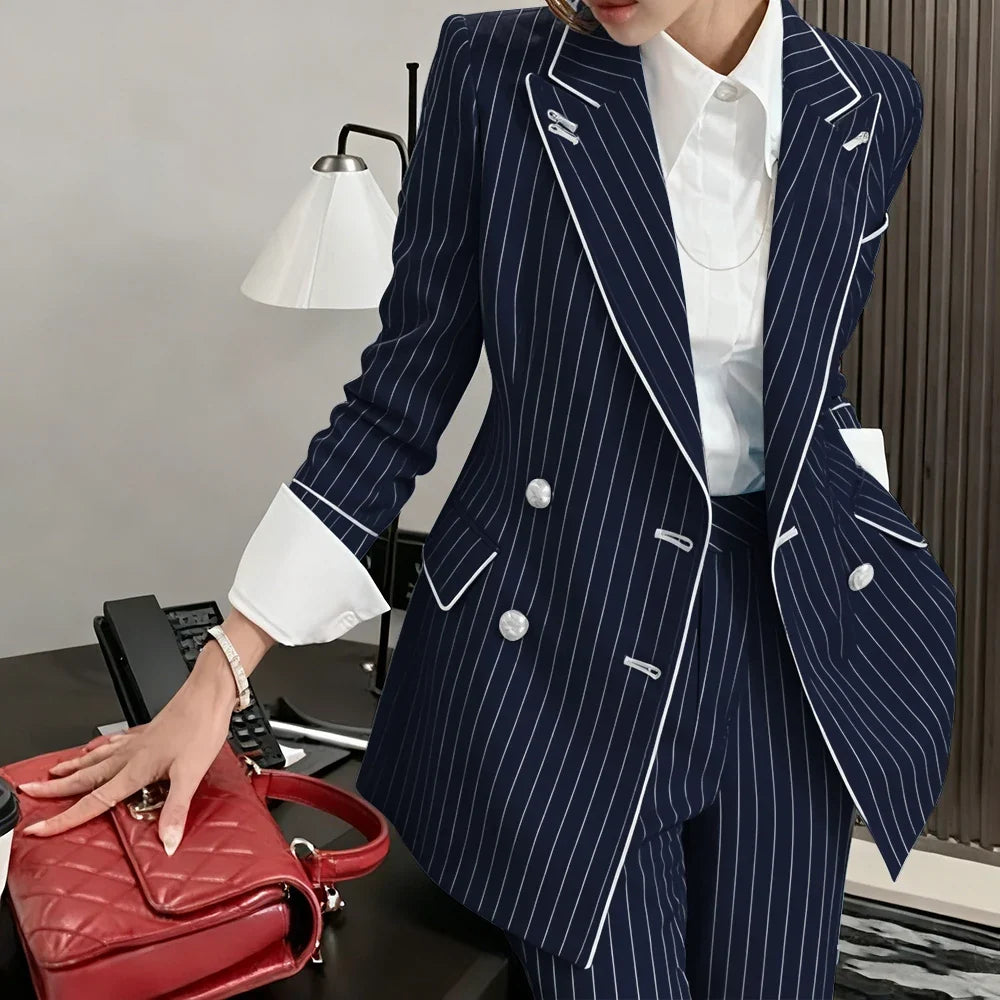 Slim-fit Women's Suit Modern Striped 2 Piece(Jacket+Pants) Set Classic Retro Blazer Daily Office Wear Business Formal Attire