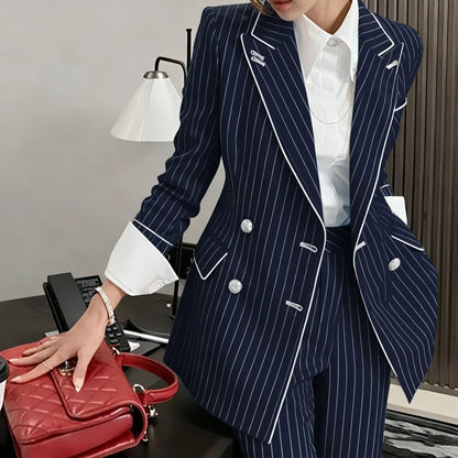 Slim-fit Women's Suit Modern Striped 2 Piece(Jacket+Pants) Set Classic Retro Blazer Daily Office Wear Business Formal Attire
