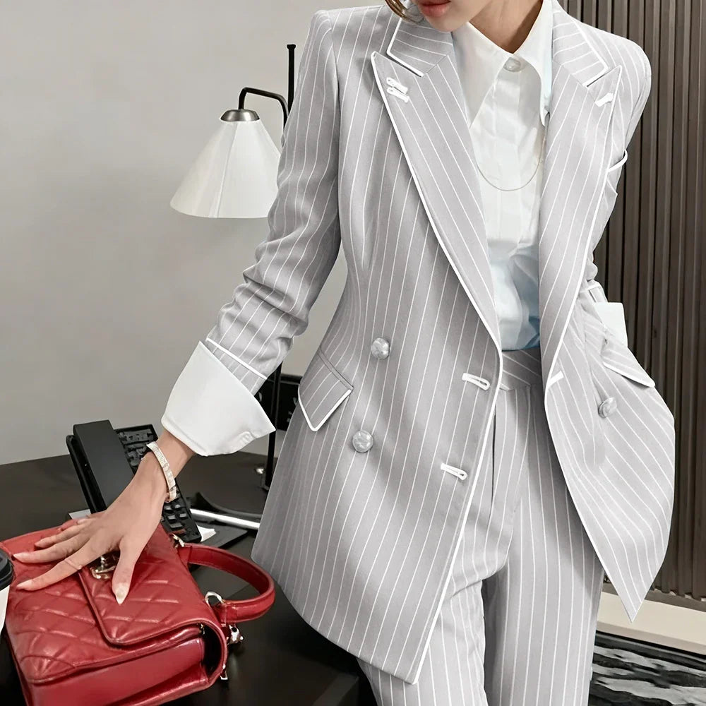 Slim-fit Women's Suit Modern Striped 2 Piece(Jacket+Pants) Set Classic Retro Blazer Daily Office Wear Business Formal Attire