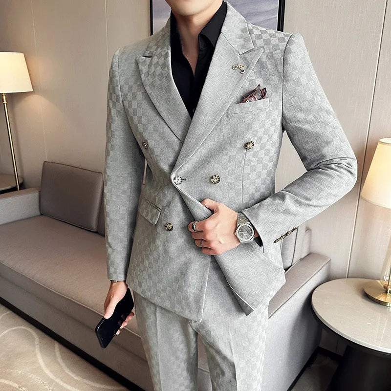 (Jacket+Pants)Luxury Checkered Double Breasted Suit  2 Pieces Fashion Business Slim Fit Social   Formal Suit Evening Dress 5XL-M