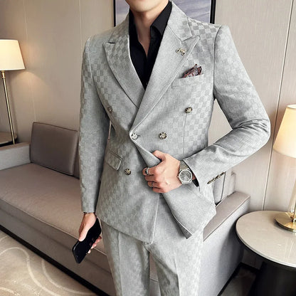 (Jacket+Pants)Luxury Checkered Double Breasted Suit  2 Pieces Fashion Business Slim Fit Social   Formal Suit Evening Dress 5XL-M