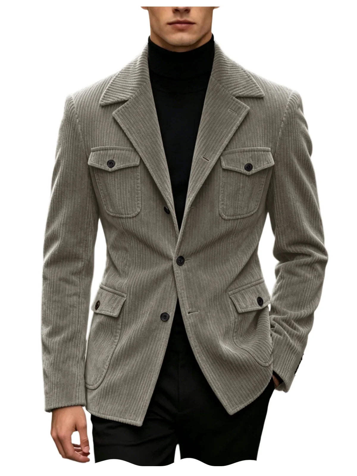 Men's Corduroy Blazer Jacket Slim Fit Notched Lapel Casual Business Coat With Four Flap Pockets For Daily Work Streetwear