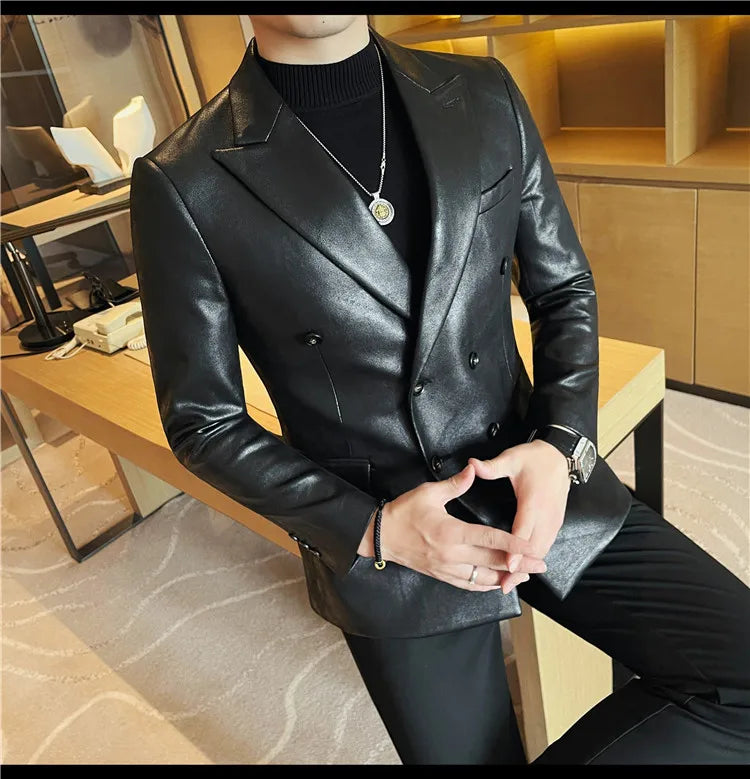 Brand Retro Leather Suit Jacket Men British Style Double Breasted Casual Business Blazers Wedding Groom Party Banquet Jackets