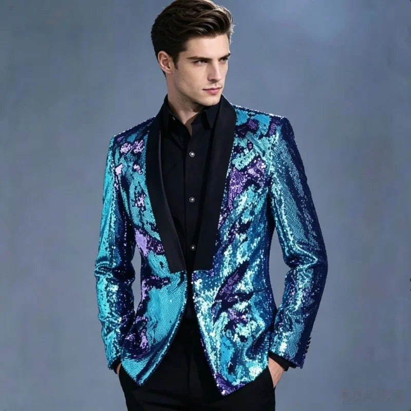 Men's Double-Sided Sequin Tuxedo Blazer Fashion Glitter Suit Jacket Prom Evening Party Host Stage Nightclub Male Singer Costume