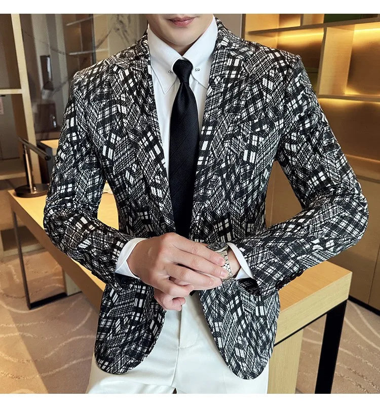 Korean Slim Fit Casual Suit Jacket for Men Fashion Camouflage Business Social Blazers Wedding Streetwear Dress Coat Men Clothing