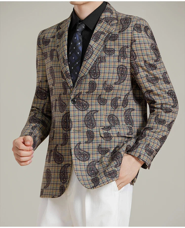 Autumn Winter Cashew Plaid Suit Jacket Men Fashion Casual Embroidered Jacquard Suit Jackets Business Social Party Men Blazers