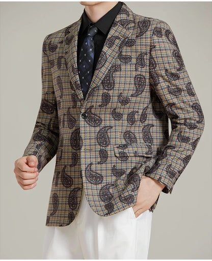 Autumn Winter Cashew Plaid Suit Jacket Men Fashion Casual Embroidered Jacquard Suit Jackets Business Social Party Men Blazers