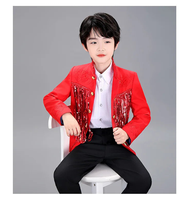 Boys Sequenant 2 Pieces/Set Jacket Pants Embroidery Paino Host Performance Dress Kids Stage Show Photography Suit Children's Set