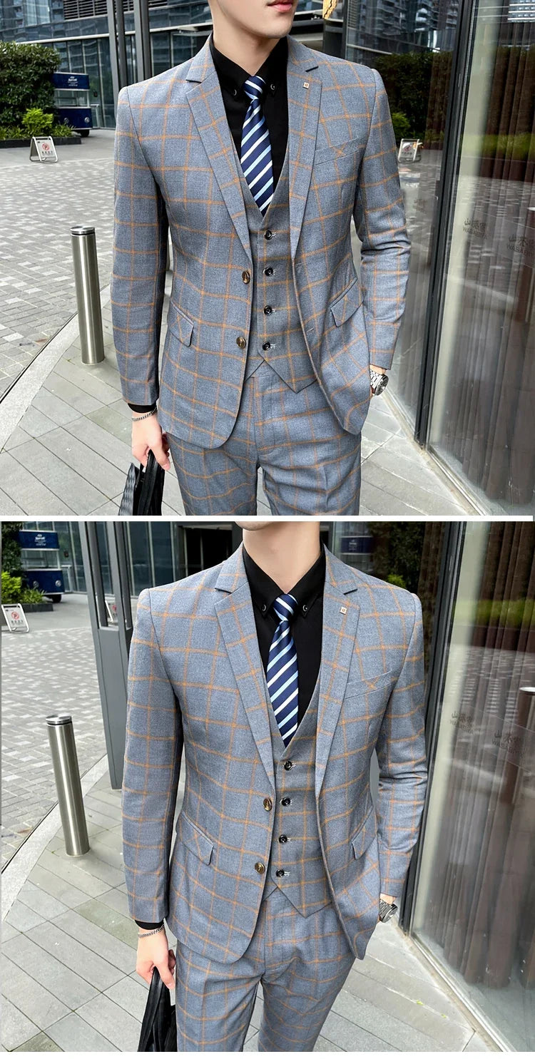 Men's 3-Piece Suit Set Stylish Handsome English Plaid All-fit Jacket Waistcoat Trousers M-5XL 2025 Trendy Men's Formal Wear