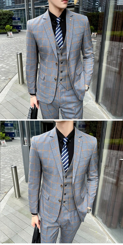 Men's 3-Piece Suit Set Stylish Handsome English Plaid All-fit Jacket Waistcoat Trousers M-5XL 2025 Trendy Men's Formal Wear
