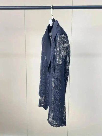 Women Black Sheer Floral Lace Blazer Long Sleeve Lapel Collar Single Breasted See Through Loose Fit Casual wear 2026 new