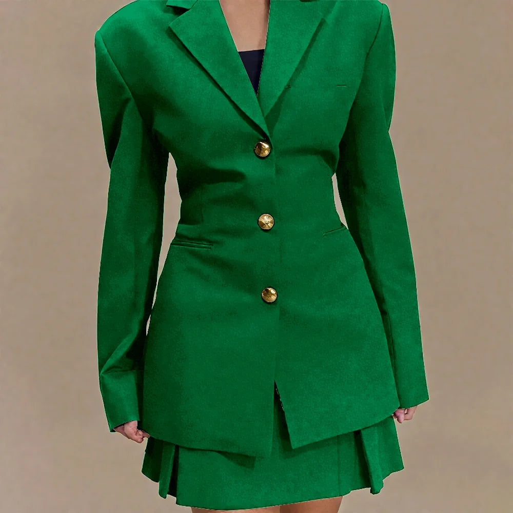 Women's Pleated Skirt Suit Set 2025 2Pieces(Tailored Blazer&High Waist Skirt) Office Chic Single-breasted Notch Lapel Outfit