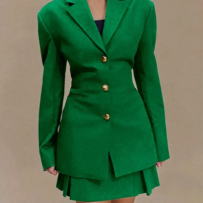 Women's Pleated Skirt Suit Set 2025 2Pieces(Tailored Blazer&High Waist Skirt) Office Chic Single-breasted Notch Lapel Outfit