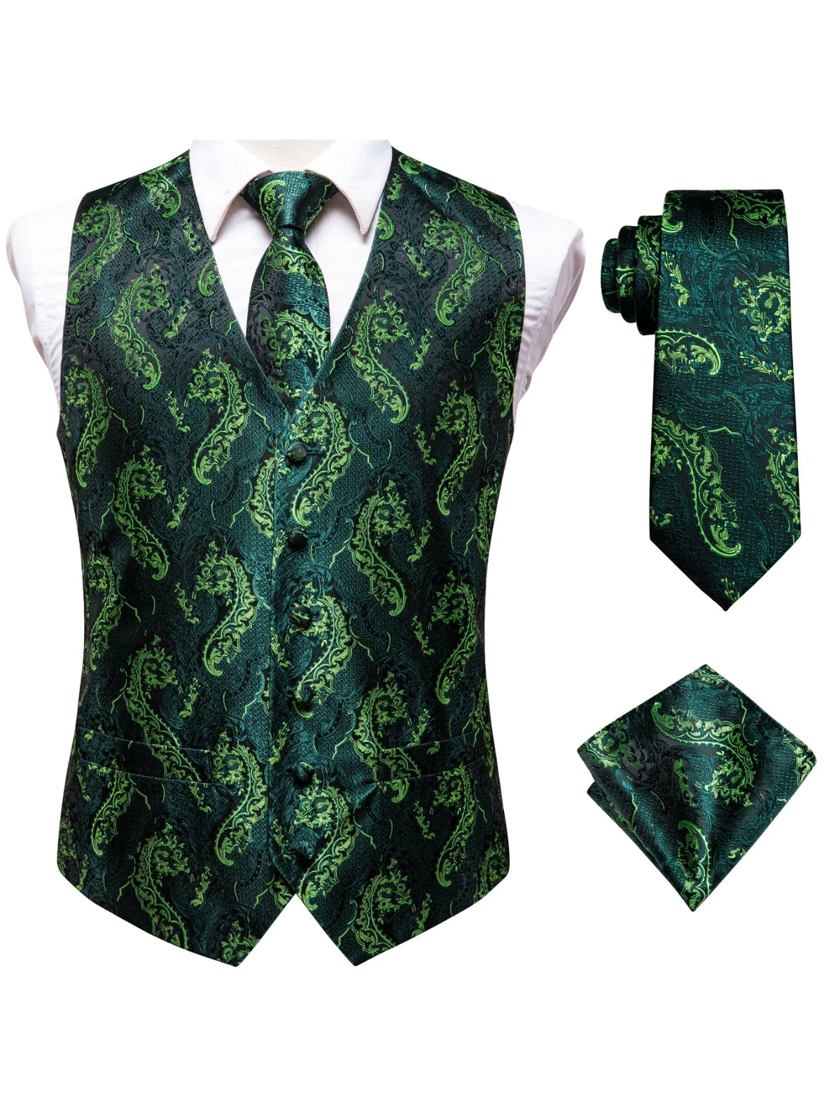 Men's Satin Jacquard Vest 3-Piece Set for Wedding & Banquet – Green
