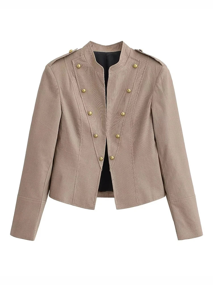 Women Military Style Cropped Blazer Jacket Gold Button Slim Short Suit Coat Stand Collar Elegant Office Lady Outerwear
