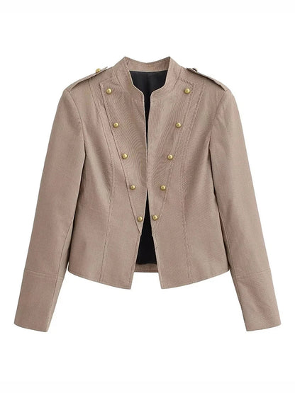 Women Military Style Cropped Blazer Jacket Gold Button Slim Short Suit Coat Stand Collar Elegant Office Lady Outerwear