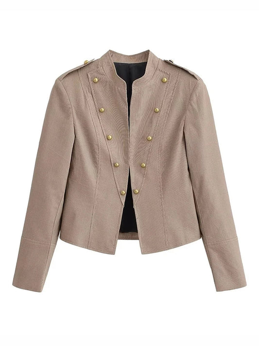 Women Military Style Cropped Blazer Jacket Gold Button Slim Short Suit Coat Stand Collar Elegant Office Lady Outerwear