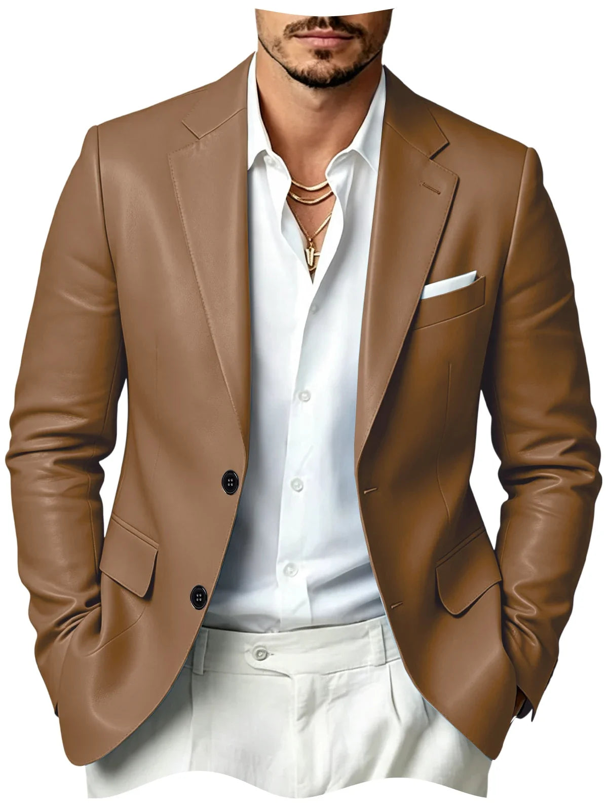 Men's Faux Leather Blazer Slim Fit 2 Button Notched Lapel Suit Jacket Business Formal Leather Sport Coat For Wedding Party