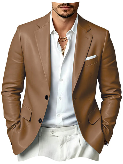 Men's Faux Leather Blazer Slim Fit 2 Button Notched Lapel Suit Jacket Business Formal Leather Sport Coat For Wedding Party