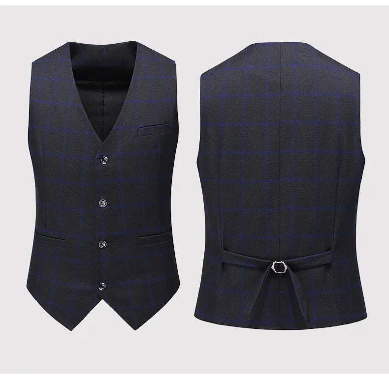Men's Suit Set – Blazer, Vest & Trousers – British Grid Smart Casual for Business & Weddings