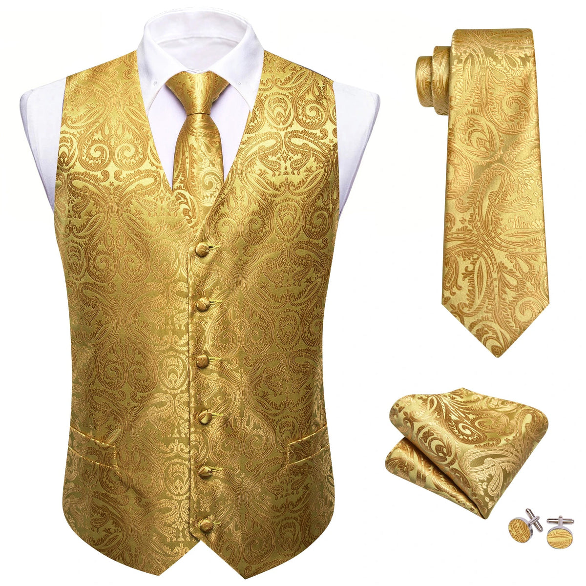 Men's Vest 4-Piece Set | Jacquard Paisley Floral Waistcoat with Tie & Pocket Square for Formal Events
