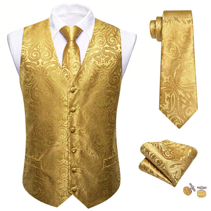 Men's Vest 4-Piece Set | Jacquard Paisley Floral Waistcoat with Tie & Pocket Square for Formal Events