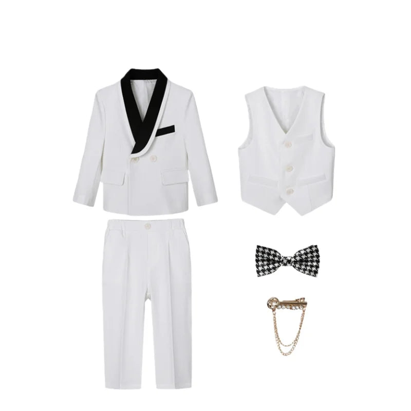 Kids 5Pieces Suit Set With Jacket Vest Pants Bowtie Brooch Boys Birthday Wedding Party Dress Children's Performance Costume