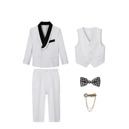 Kids 5Pieces Suit Set With Jacket Vest Pants Bowtie Brooch Boys Birthday Wedding Party Dress Children's Performance Costume