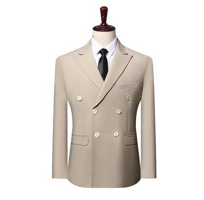 New Men's Double Breasted Khaki Coffee Suit Jacket Slim Fit Formal Business Blazer with Black Tie Wedding Party Office Outerwear