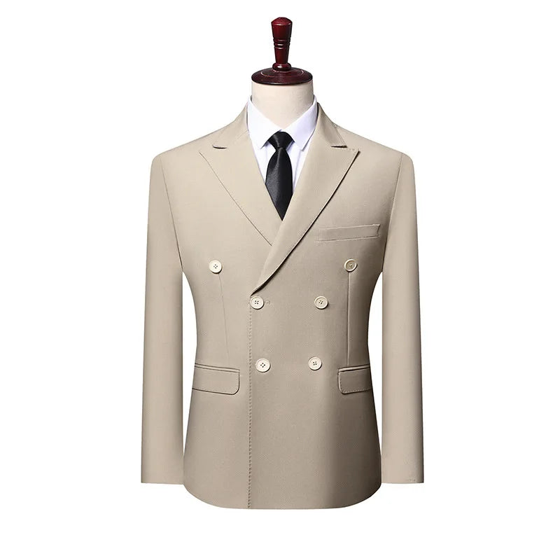 New Men's Double Breasted Khaki Coffee Suit Jacket Slim Fit Formal Business Blazer with Black Tie Wedding Party Office Outerwear