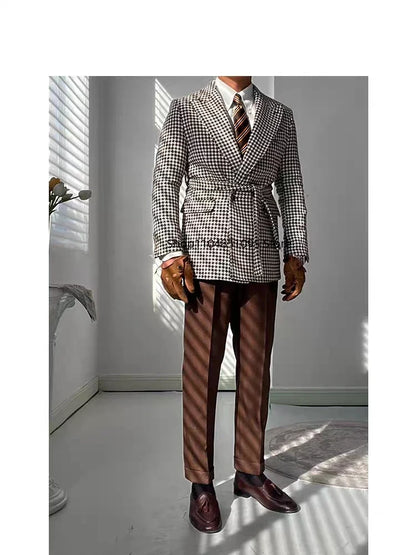 Men's Houndstooth Blazer Double Breasted Jacket for Party Prom Outwear Groom Business Tuxedos Wedding Men Suits Coat Only One