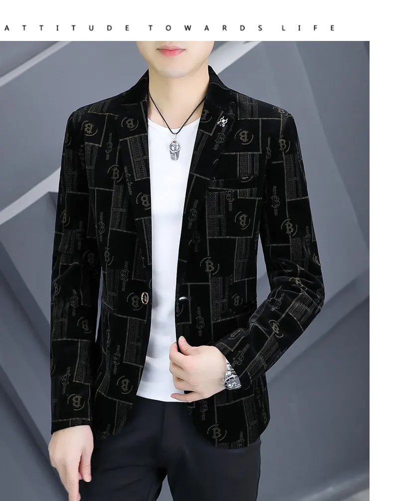 Autumn Luxury Corduroy Suit Jacket for Men Letter Printed Casual Business Men Blazers Slim Fit Social Banquet Party Dress Coats