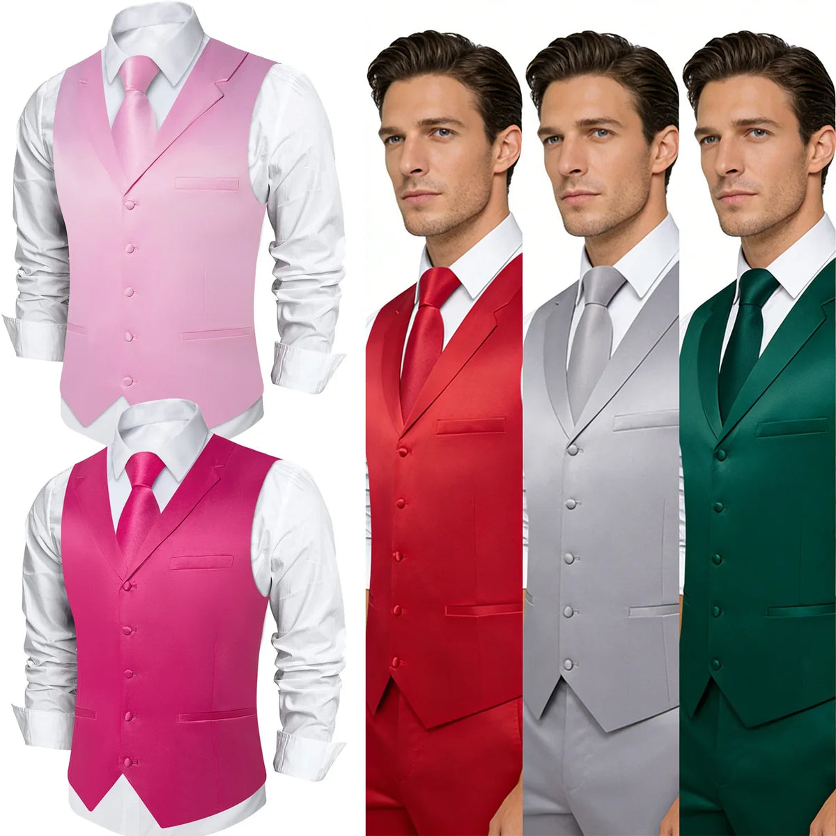 Men's Suit Vest & Tie Set – Solid Color Satin Formal Waistcoat for Weddings and Business