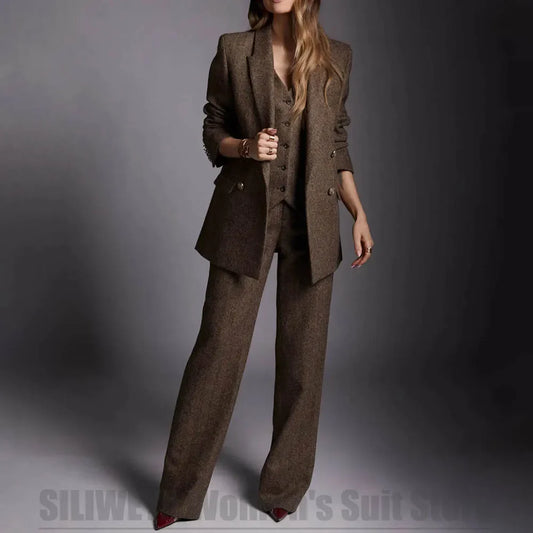 Brown Herringbone Women's Suit 3 Piece Double Breasted Blazer Vest Wide Leg Pants Business Office Wedding Party Prom Suits