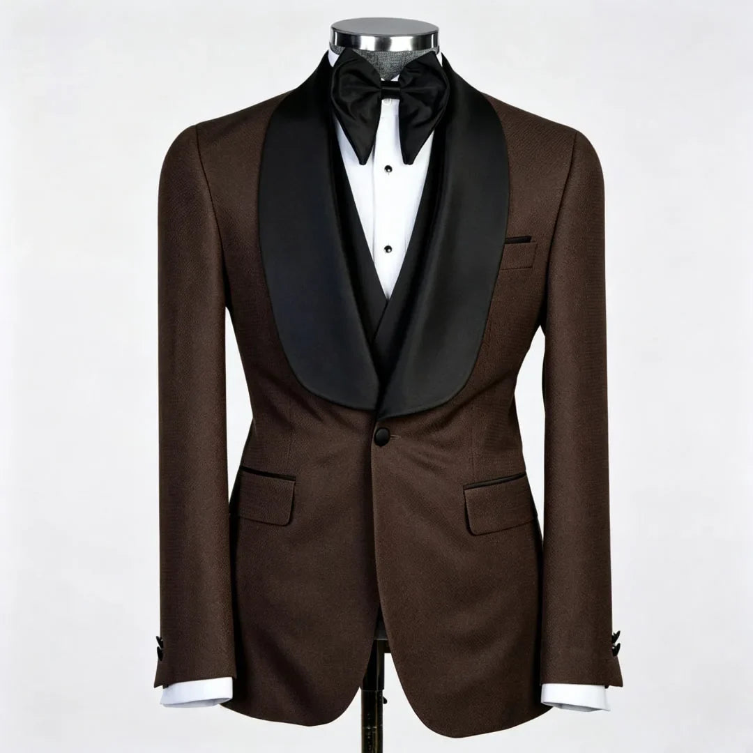 Men Suit Champagne 3 Piece With Black Lapel For Wedding Groom Banquet Party Birthday Prom Business Work Office Jacket Vest Pants