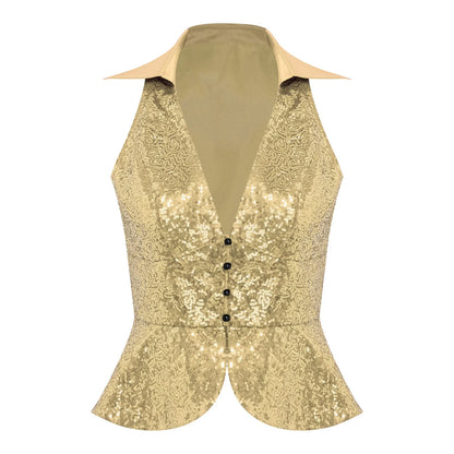 Womens Sequin Vest Lapel Sparkly Cosutme Sleeveless Vests Nightclub Jazz Dance Party Dressy Tops Rave Music Festival Waistcoat