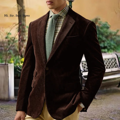 Spring/Autumn New Corduroy Suit Retro Casual Notched Lapel Jacket Single-Breasted Men's Solid Colour Suit Western Sport Coats