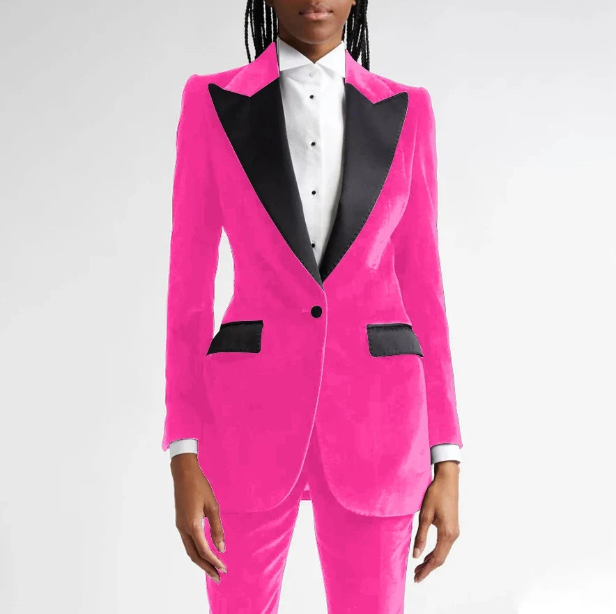 Black Flannel Women Suit Customized Single-grain Buckle Peaked Lapel Two Pieces(Jacket+Pants) Modern Business Office Lady Set
