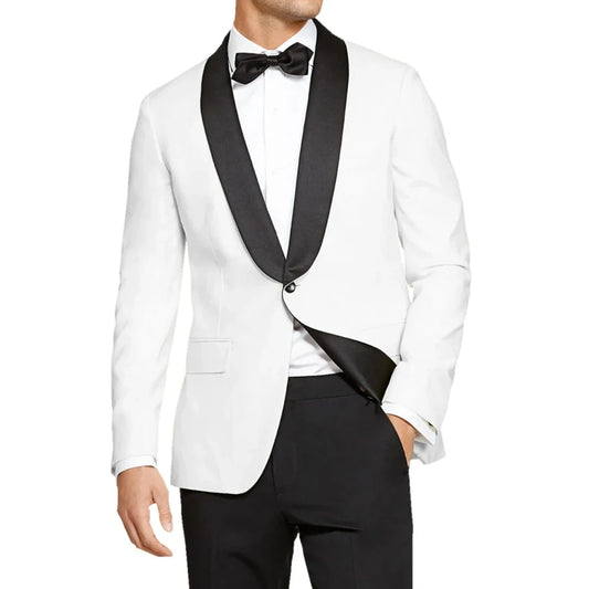 Men Suit 2 Pieces White With Black Lapel Single Button For Wedding Banquet Birthday Party Prom Business Work Jacket With Pants