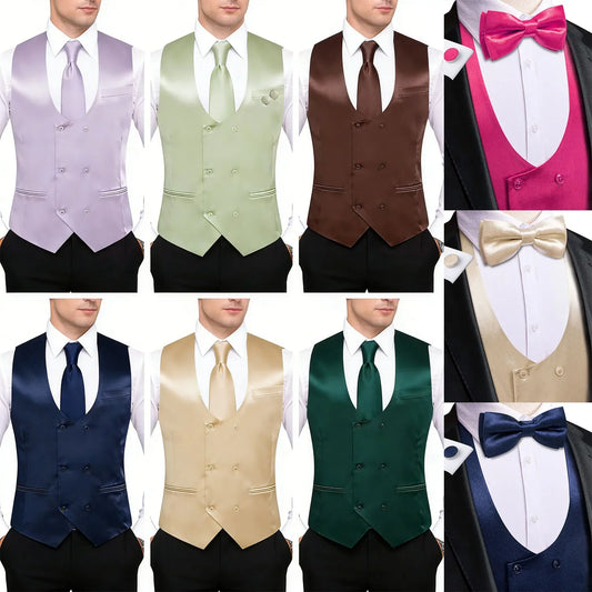 Men's Satin Vest Set with Tie Bowtie Hanky Cufflinks for Weddings and Formal Events