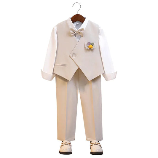 Children's Khaki Vest Suit Set Flower Boys Summer Wedding Dress Kids Piano Host Speech Chorus Performance Costume
