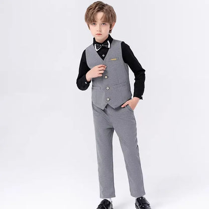 British Style Kids Piano Host Speech Performance Costume School Boys Vest Pants Bowtie 3Pieces Ceremony Clothing Set