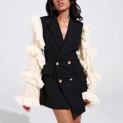 Spring Autumn New Women Blazer Double Breasted Ruffled Long Sleeve Patchwork Slim Fit Elegant Fashion Trendy Jacket HK13405