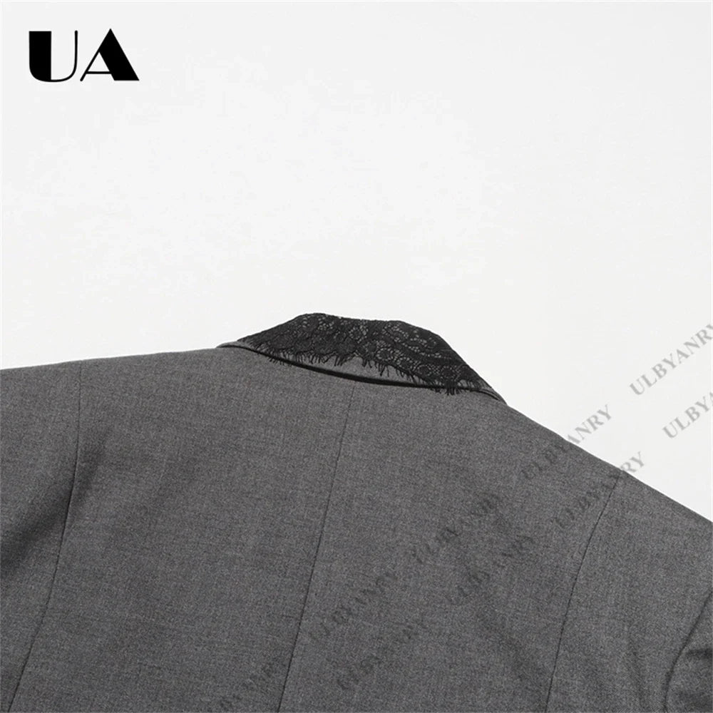 Women’s Grey Blazer with Black Lace Trim Elegant Notched Lapel Cuffs & Hem Jacket Single-Breasted Office Wear