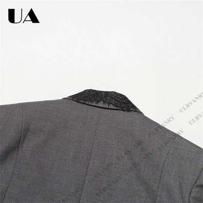 Women’s Grey Blazer with Black Lace Trim Elegant Notched Lapel Cuffs & Hem Jacket Single-Breasted Office Wear