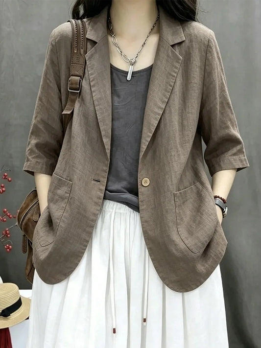 Casual Cotton Linen Short Jacket Women's Small Suit Top Seven Sleeve Regular Thickness Pure Color Single Button Summer 2026