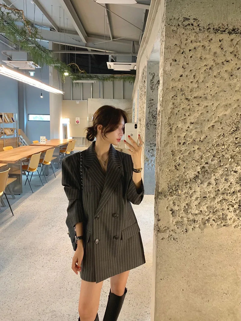 Vintage Vertical Stripes Women's Suit Jacket Loose Fit Double Breasted Autumn Outerwear Fashion Versatile Polyester Cotton Blend