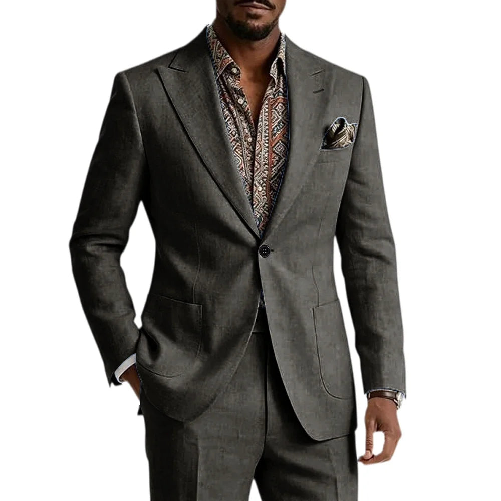 Men's Linen Blend Suit 2 Pieces Set Solid Color Peak Lapel Slim Fit One Button Jacket Pants Formal Outfit Wedding Business Casua