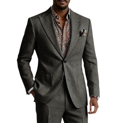 Men's Linen Blend Suit 2 Pieces Set Solid Color Peak Lapel Slim Fit One Button Jacket Pants Formal Outfit Wedding Business Casua