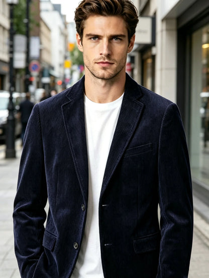 Navy Blue Corduroy Blazer for Men with Notch Lapel Single Breasted Dinner Jacket Elegant Slim Fit Smoking Suit Coat for Wedding